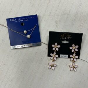 NWT STERLING SILVER DOUBLE‎ PEARL NECKLACE 16+2” & NOIR JEWELRY COSTUME EARRINGS